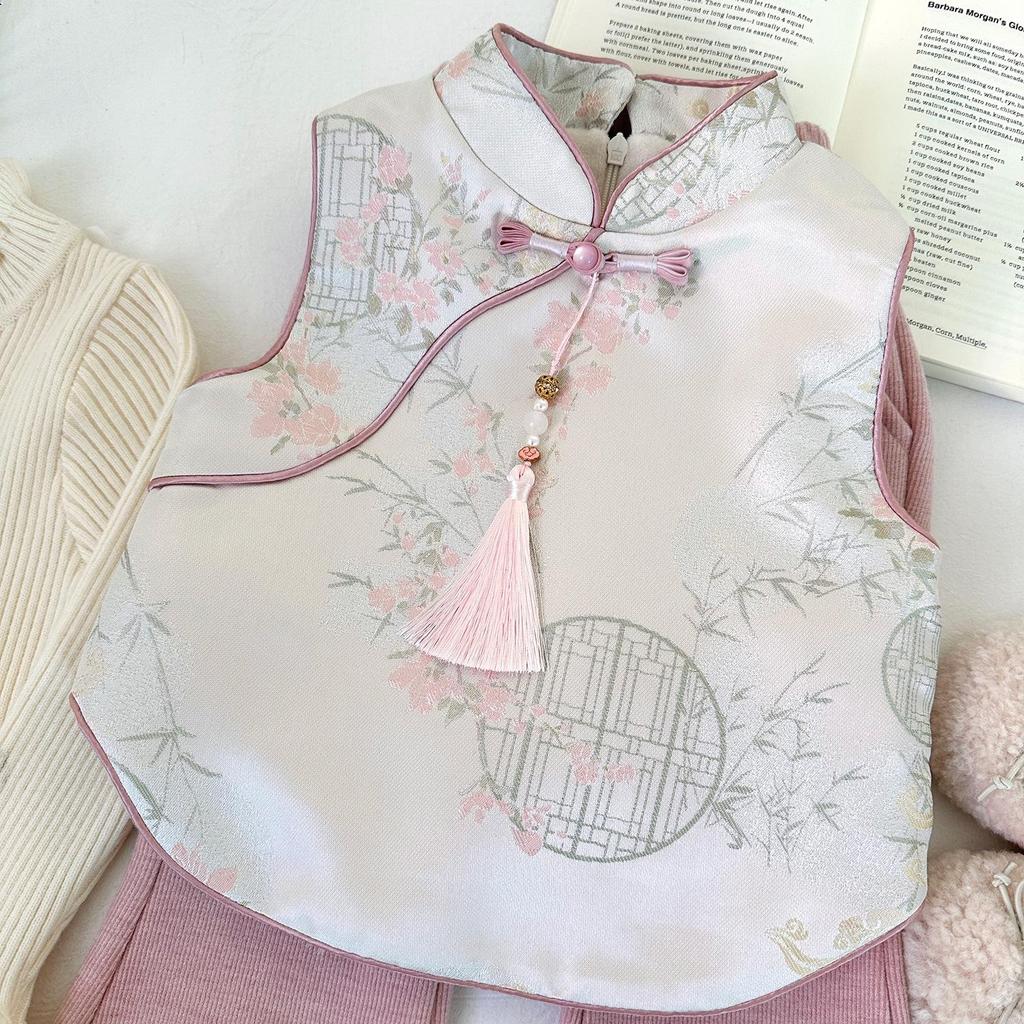 Girls' Winter 2025 Chinese-Style Fleece-Lined Vest & Flared Pants Two-Piece Set