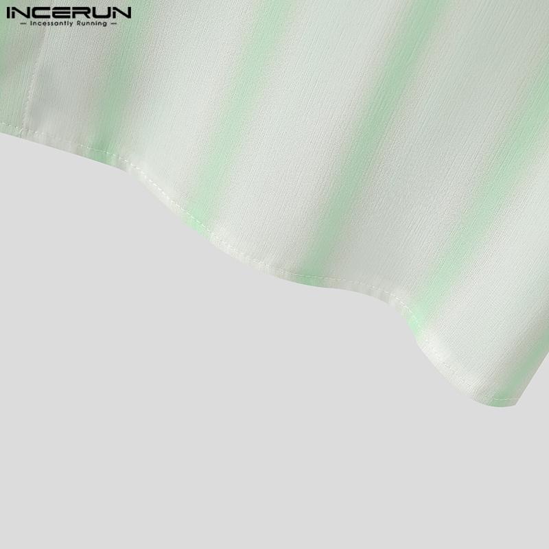 INCERUN Men Lapel Neck Long Sleeve Striped Side Lace-up Casual Oversized Shirts