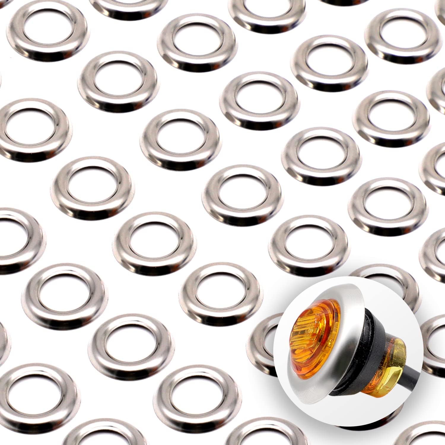 

MADCATZ Pack of 100 304 Stainless Steel Chrome Bezels Trim Rings 3/4 Inch Round Surface Mount LED Button Clearance Side Marker Lights Covers Kits Chrome