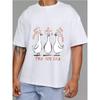 Crewneck T Shirt White Goose Cartoon Print with Russian Text for Casual Wear