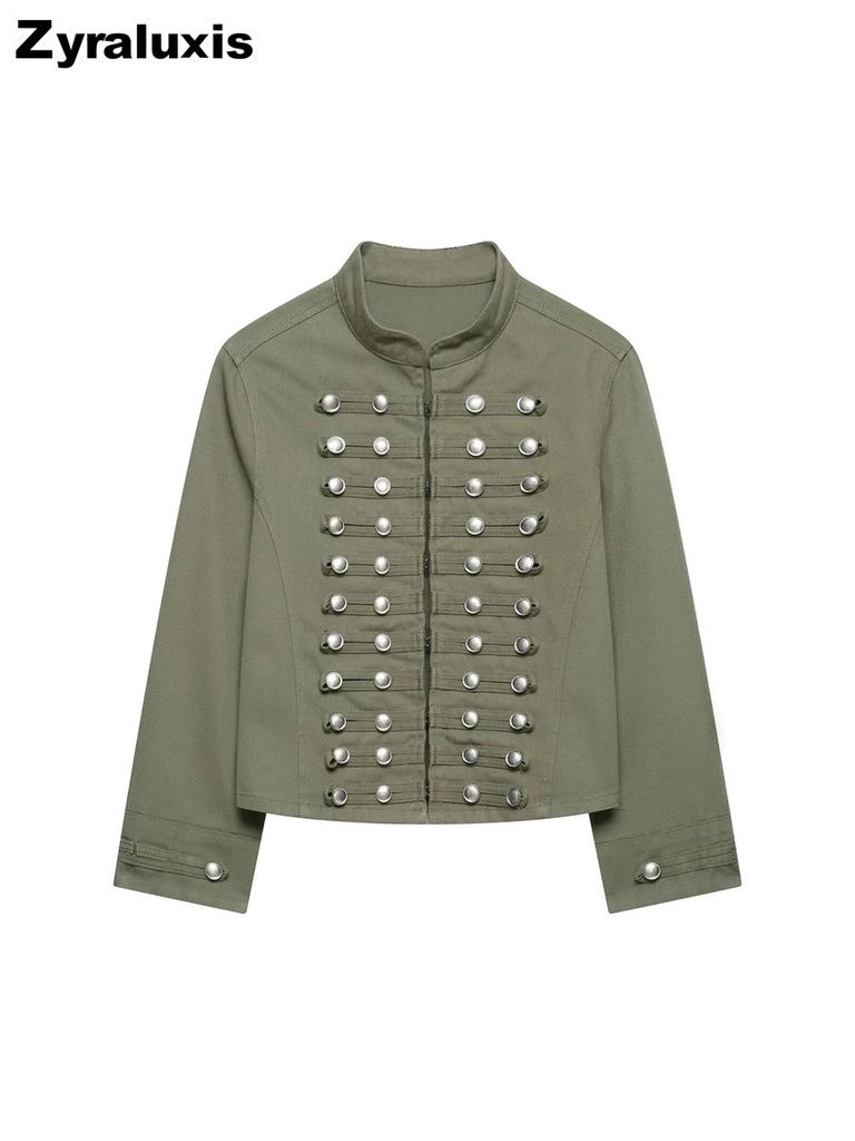 Women's Napoleon Style Button Embroidery Patch Slim Fit Denim Jacket Top
