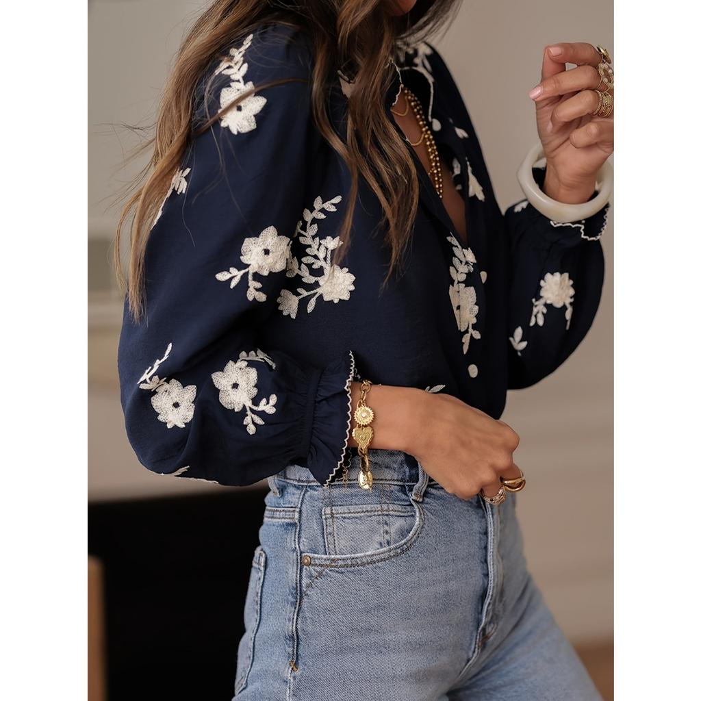 Spring Summer New Women's Embroidered Long Sleeve Chiffon Blouse European American Style Casual Elegant Ladies Top