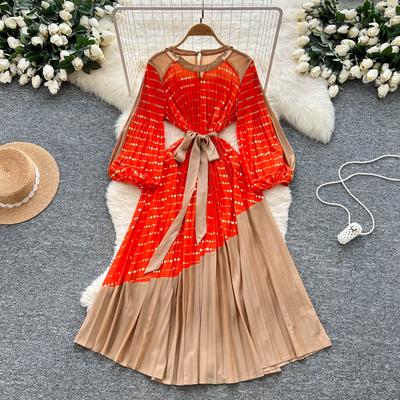 Vintage Elegant Spliced Print Slim Dress Korean Fashion Long Dress Hotsweet Women Fashion Dresses