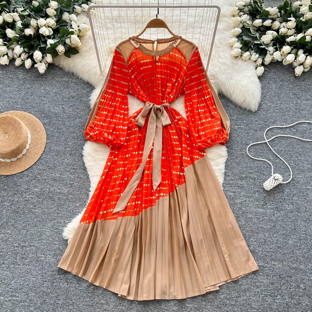Vintage Elegant Spliced print slim Dress Korean Fashion Long dress hotsweet Women Fashion Dresses