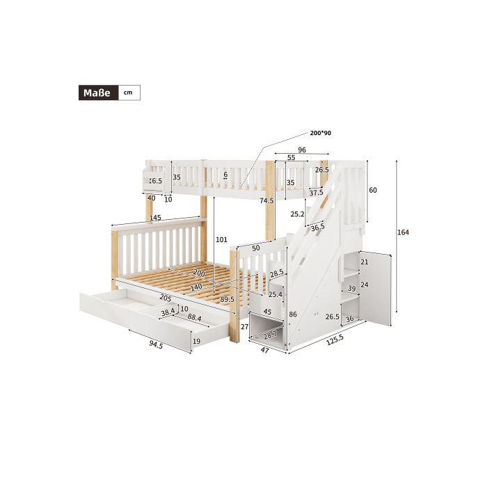 Lit d'enfant multifonctionnel - MUVOE - Blanc + couleur naturelle - 2 places - Avec tiroirs - Design évolutif