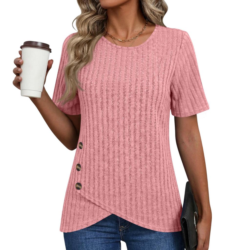 Women Short Sleeve Ribbed Knit Top Button Detail Round Neck Asymmetric Hem Casual Blouse Lightweight Soft Fabric