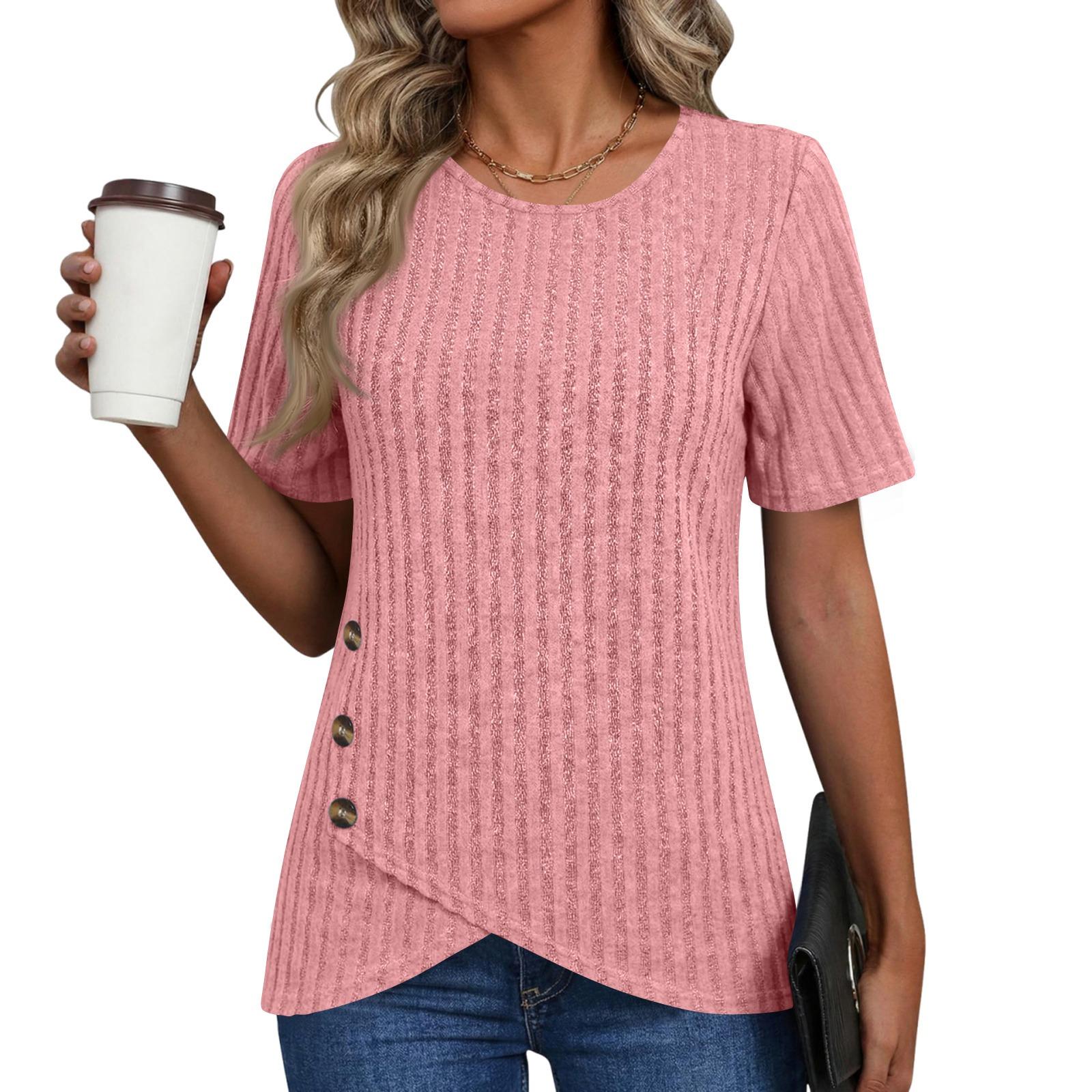 

Women Short Sleeve Ribbed Knit Top Button Detail Round Neck Asymmetric Hem Casual Blouse Lightweight Soft Fabric M