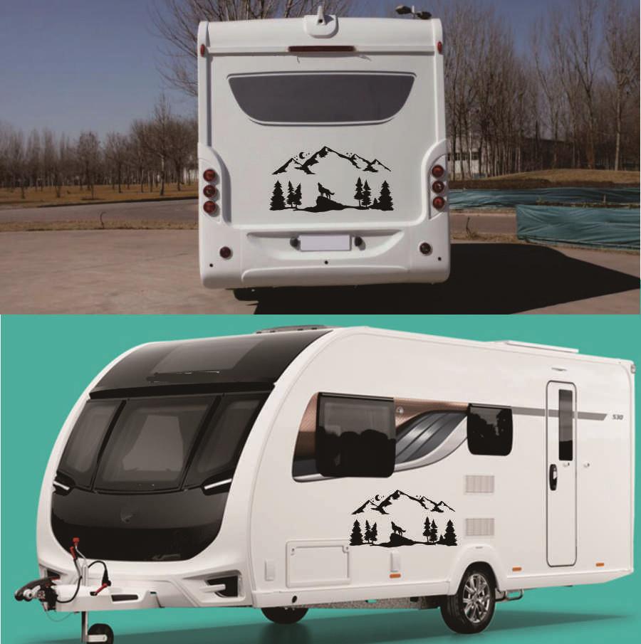 Black Howling Wolf Tree Mountain Moon Star Graphic Sticker For SUV RV Camper Van