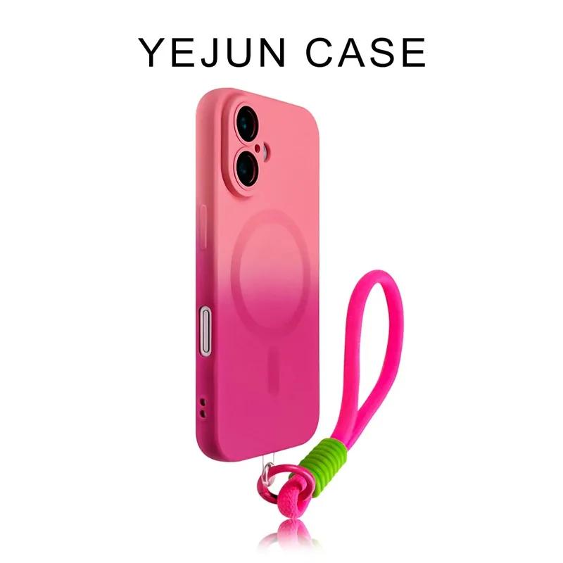 Luxury Magsafe Wireless Charge With Lanyard Gradient Phone Case For iPhone 15 11 12 13 14 16Pro Max Plus Soft  Silicone Cover