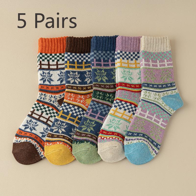 5 Pairs of Women Retro Thickened Warm Ethnic Wind Rabbit Wool Mid Tube Socks