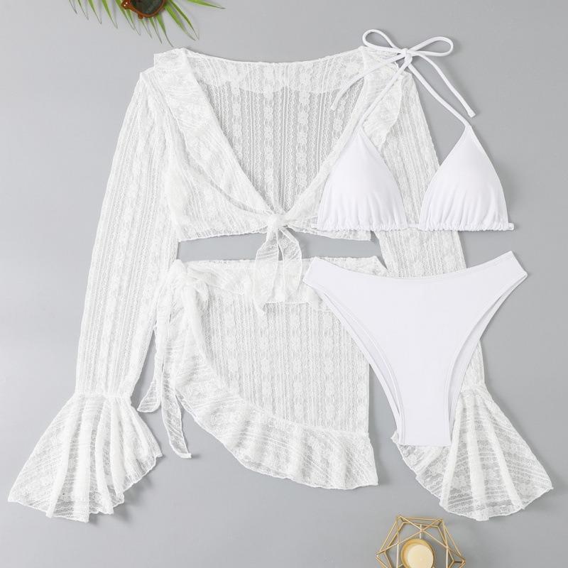 Neues Europäisches und Amerikanisches Einfarbiges Netz Langarm Bluse Badeanzug Strand Bikini Geteilter Badeanzug Damen Vier-teiliges Set