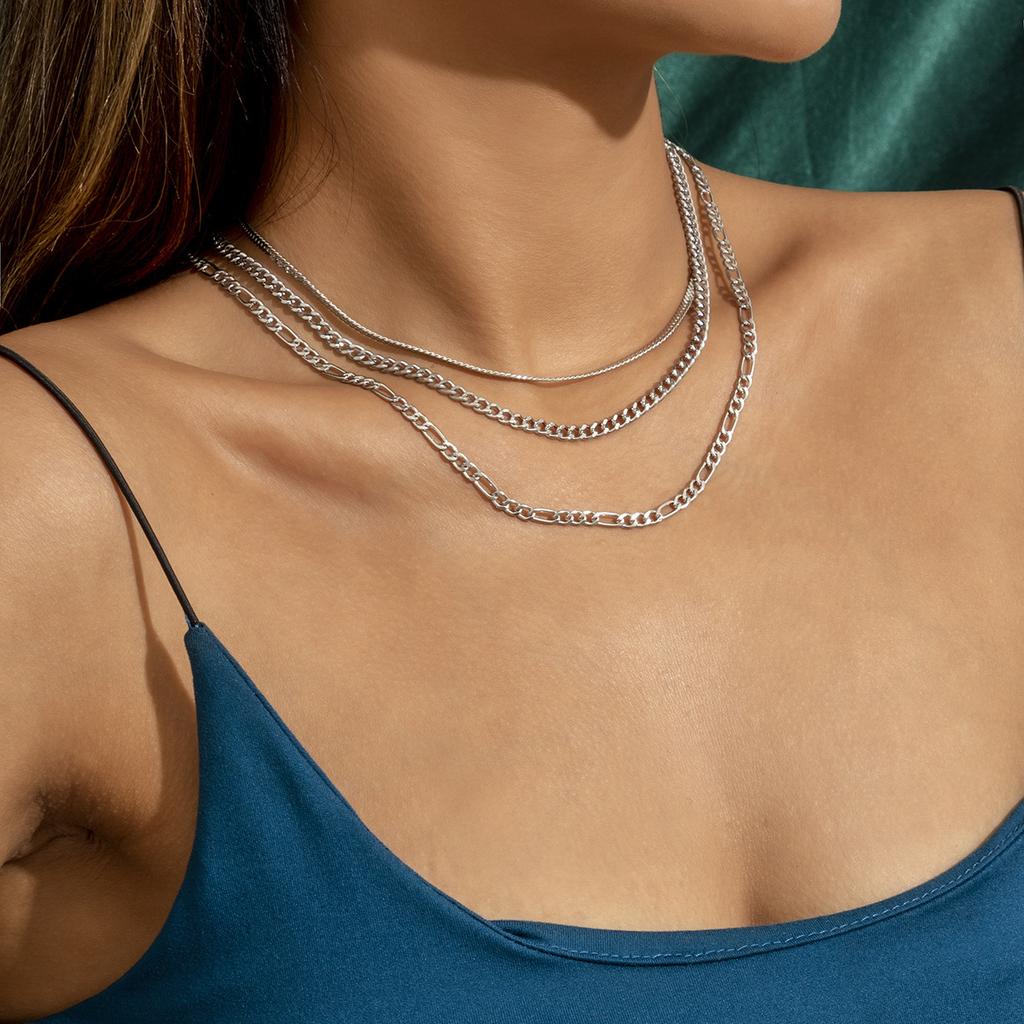 Punk multi-layer snake bone box chain necklace, personalized metal mixed and matched chain simple necklace