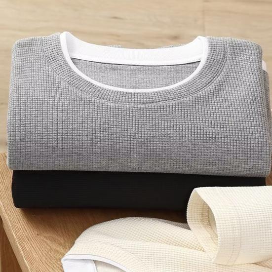Men O-Neck Waffle Sweatshirt Fake Two-Piece Long Sleeve T-shirt Casual Loose Pullover for Spring Autumn Daily Wear Street