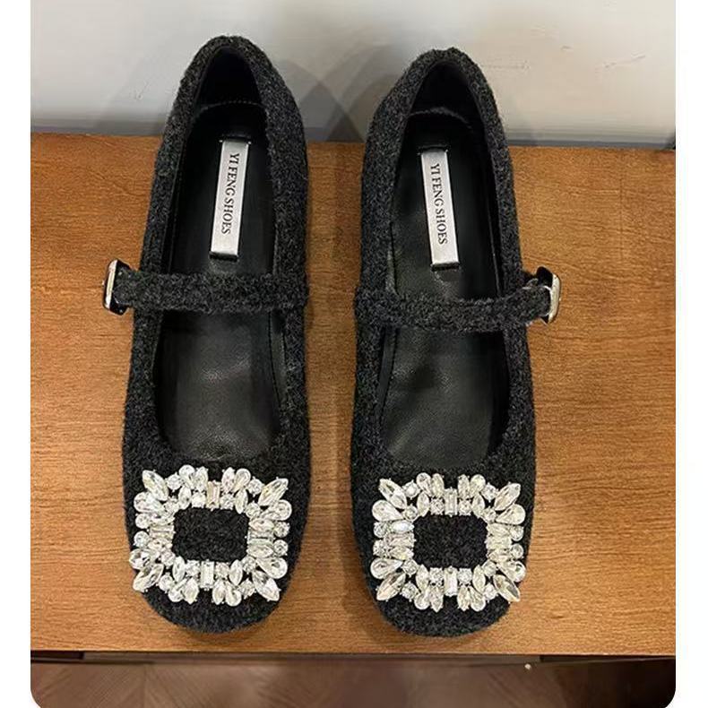 Square Head Single Shoes Casual Thick Heel Inner Heel Increased Wind Soft Sole Daily Square Buckle Woolen Mary Jane Shoes