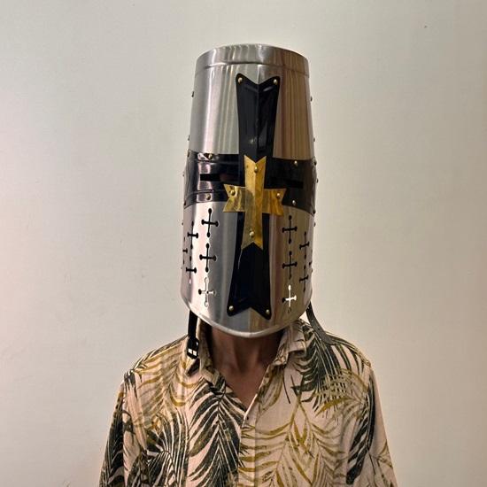 Templar Helmet Medieval Steel Holy Helmet with Brass and Black Cross with Wooden Stand
