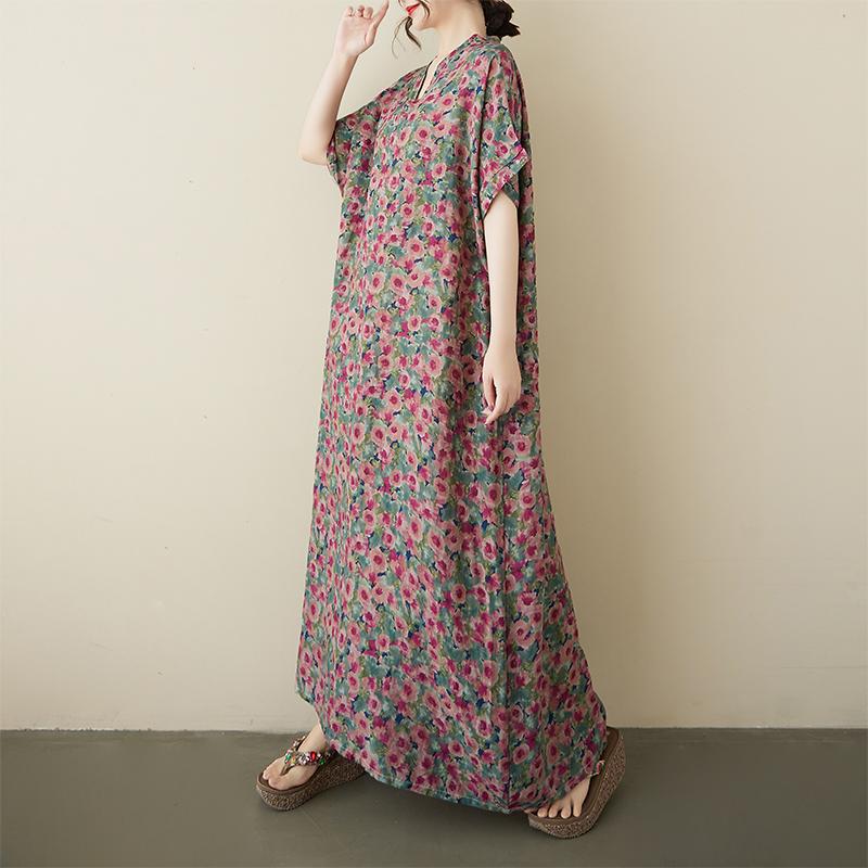 

DIMANAF Plus Size 2025 Женское летнее повседневное платье с коротким рукавом Базовое свободное платье с V-образным вырезом и цветочным принтом Новое One Size красный