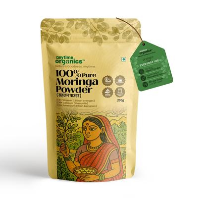 Anytime Organics Moringa Powder 200g | Drumstick Leaf Powder | 100% Pure Moringa Superfood | 50 Servings | Includes Wooden Spoon & 50-Day Habit