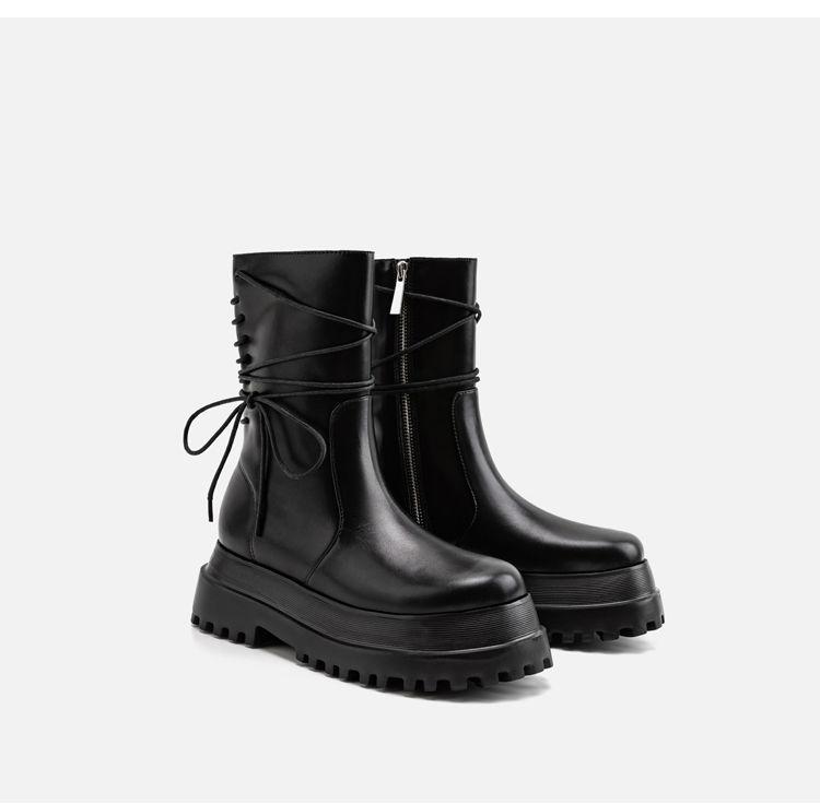 Women's Shoes Platform Martin Boots Black Autumn 2025 New Short Boots Side Zipper Knight Boots Rear Lace-up Medium Boots