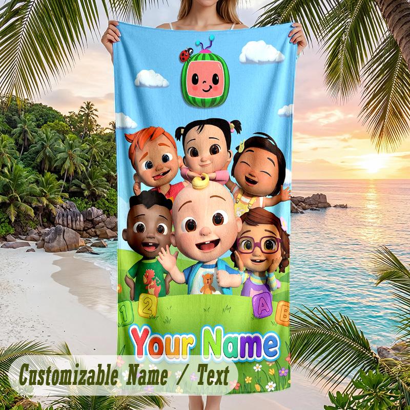 Cocomelon Beach Towel, Personalized Custom Text, Quick Dry Soft Large Towel For Swimming Pool Travel