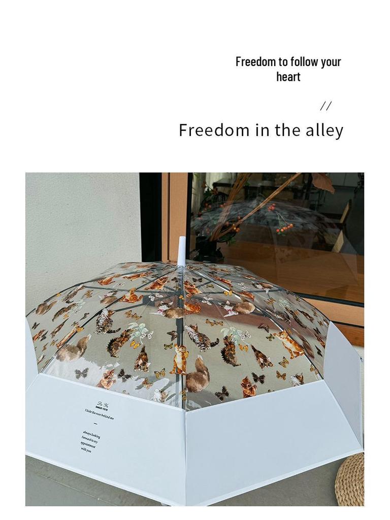 Umbrelă Transparentă Drăguță cu Pisici - Elegantă Semi-Automată cu Mâner Lung pentru Femei