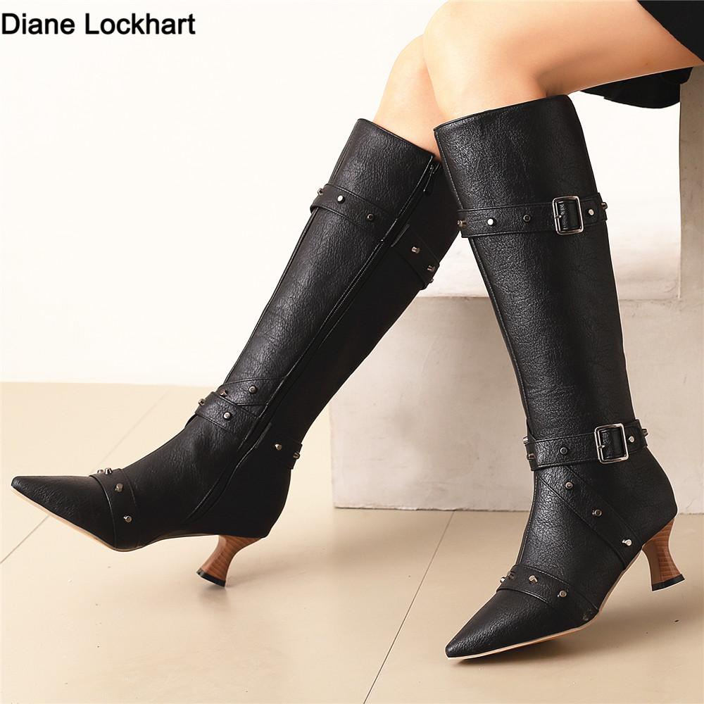 Fashion Women Victorian Pointed Toe Mid-Calf Boots Leather Rivet Buckle Punk Lace Up Strange Steampunk High Heel Shoes Plus Size 34-46
