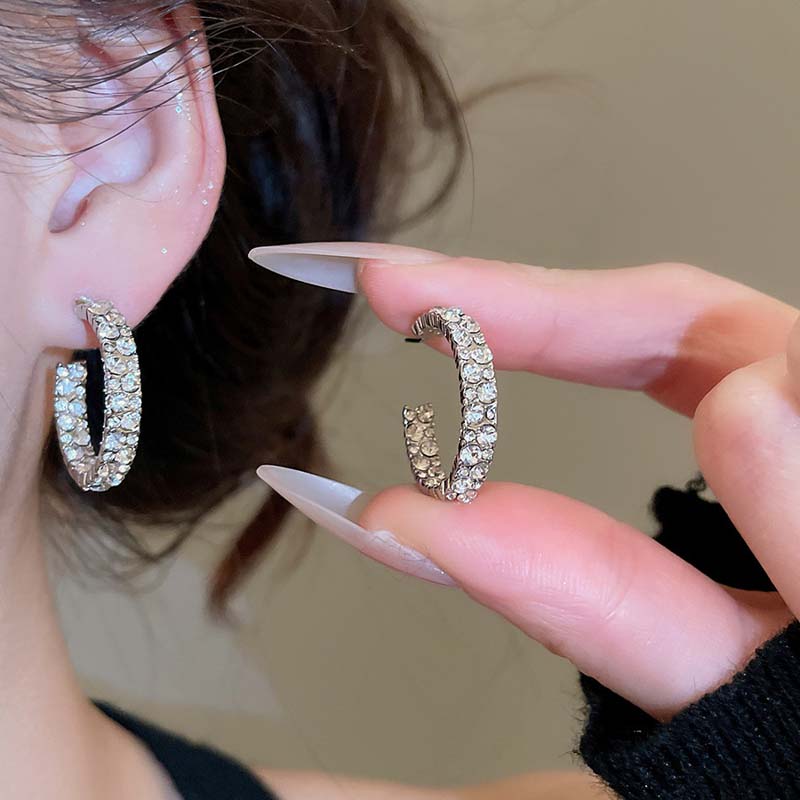 Light Luxury Full Rhinestone Drop Earrings for Women Fashion Geometric Zircon C-Shaped Earrings Simple Wedding Jewelry Gifts