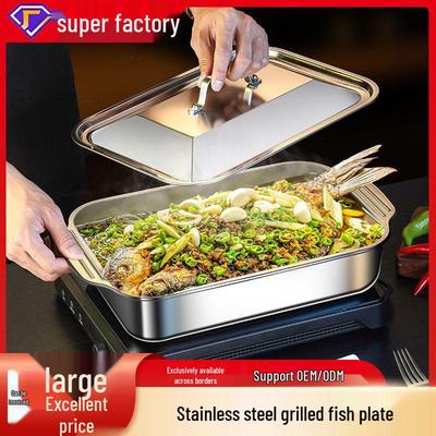 Plat rectangulaire en acier inoxydable à bords hauts pour poisson grillé avec couvercle pour plaques à induction - Idéal pour les écrevisses et le barbecue.