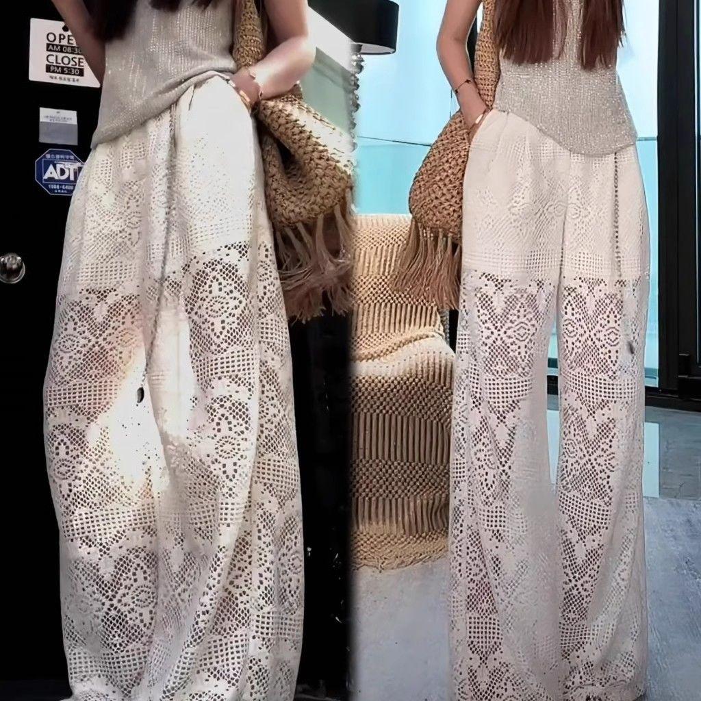 White Hollow Cool Pants for Women - Summer Thin Design-Forward Minimalist Loose Slimming Straight-Leg Casual Trousers