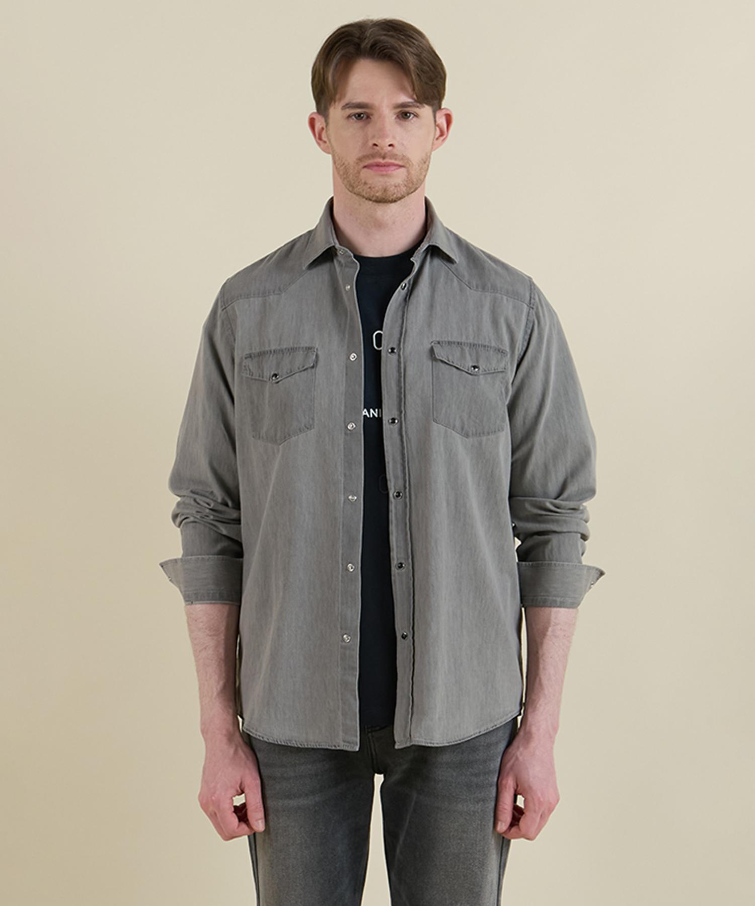 Panicalle Gray Pocket Detail Washed Denim Shirt Gray/M