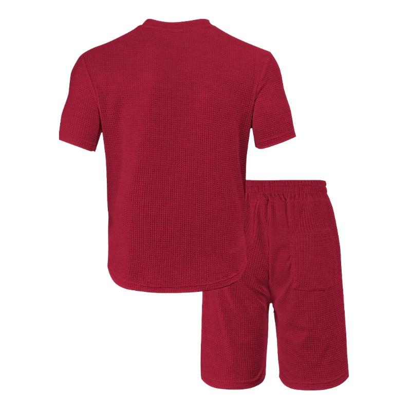 Men's New Summer Sports and Leisure Loose Thin Waffle Short-sleeved Shorts Set