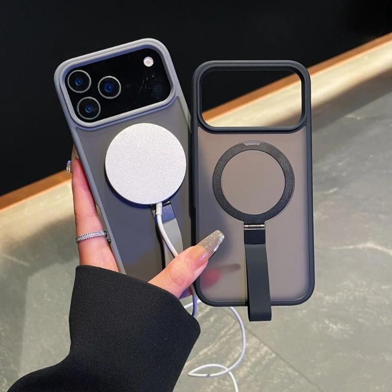 Luxury Matte Metal Ring Magnetic Stand Holder Case For iPhone 17 Pro Max 16 15 14 13 12 11 17Air Transparent Wrist Strap Cover