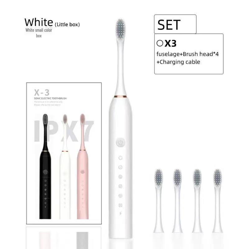 

Универсальная шестискоростная водонепроницаемая ультразвуковая электрическая зубная щетка с мягкой щетиной для взрослых и детей Toothbrush + 4 brush heads + charging cable белый