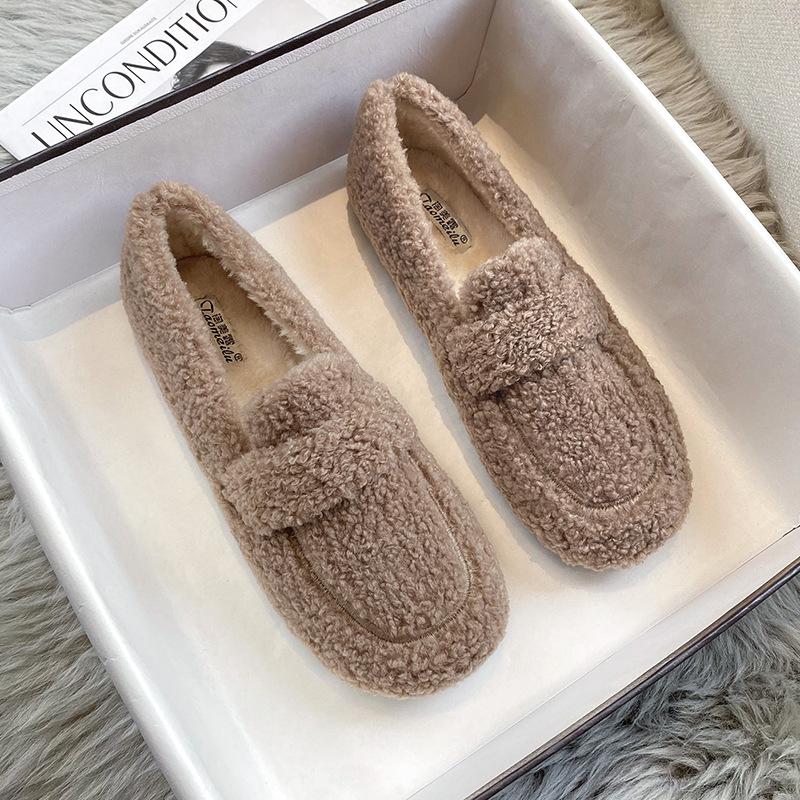 Fashion 2025 Ladies Luxury Lambswool Loafers Moccasins Femme Winter Cotton Shoes Women Warm Plush Slip On Curly Furry Sheep Fur Flats