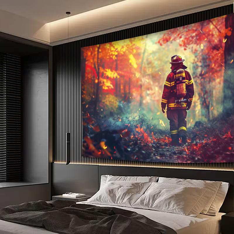 2D Fireman Hero Wall Tapestry, Wildfire Forest Rescue Scene Wall Art for Home Decor