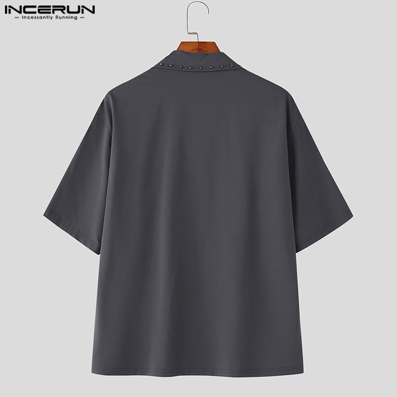 INCERUN Men Casual Turn-down Collar Short Sleeve Solid Color T-shirts