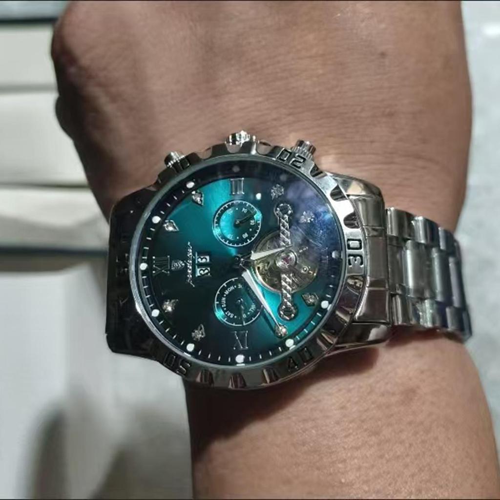 POEDAGAR Top Luxus Herrenuhr Automatisch Datum Woche Herren Armbanduhr Hohl Tourbillon Mechanisch Edelstahl Herrenuhr