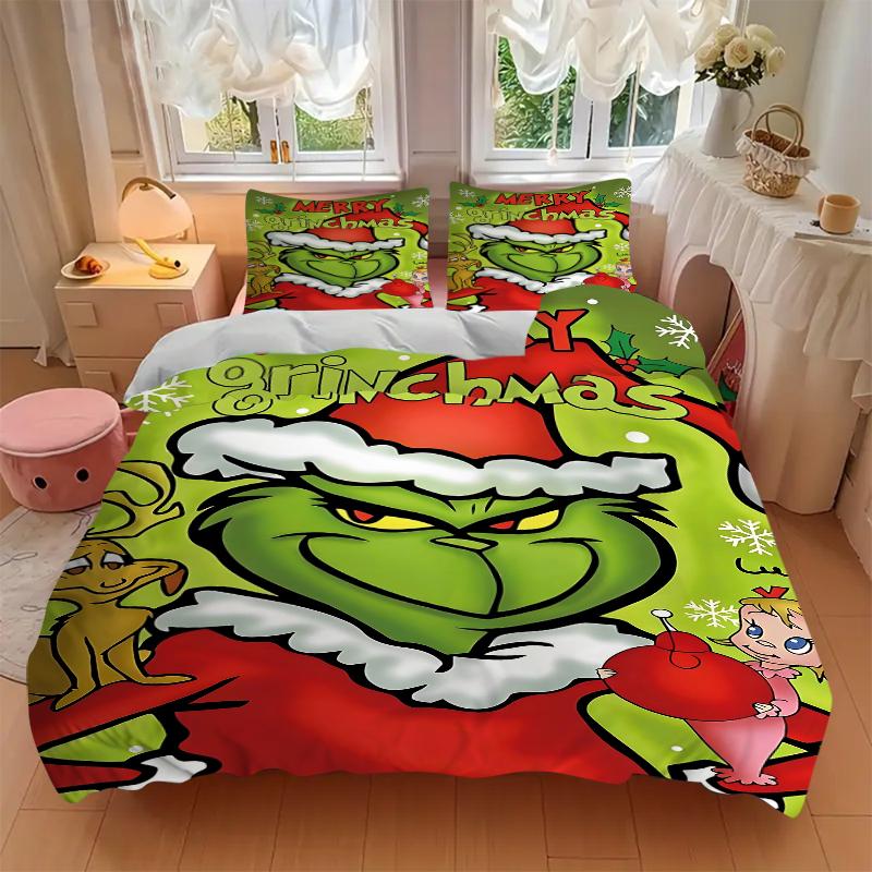 3-delige Grinch Kerstviering Beddengoed Sets Voor Alle Maten Nieuwe 3D Geprinte Bedsprei Dekbed Dekbedovertrek Kussensloop Slaapkamer Decoratie
