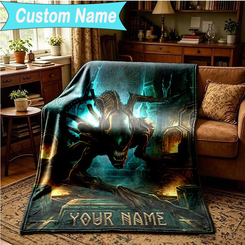 1PC Custom Name Blanket Alien Artwork Flannel Blankets Patterns Throw Blanket All-Season Soft Gift for Couch, Bed, Camping, Birthday Gifts