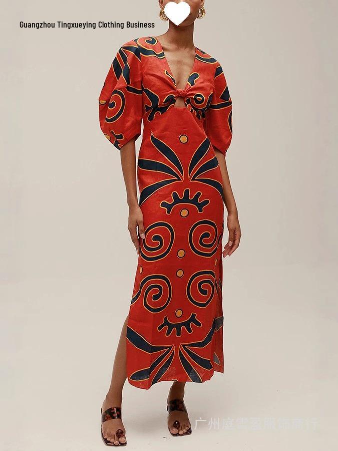 Spring/Summer 2026 European-Style Linen Print Dress - Casual Holiday Loose Fit
