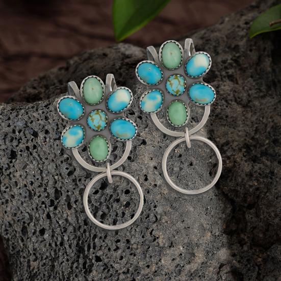 Turquoise Inlaid Bag Clip Key Holder Bohemian Style Flower Design Key Finder Car Keychain