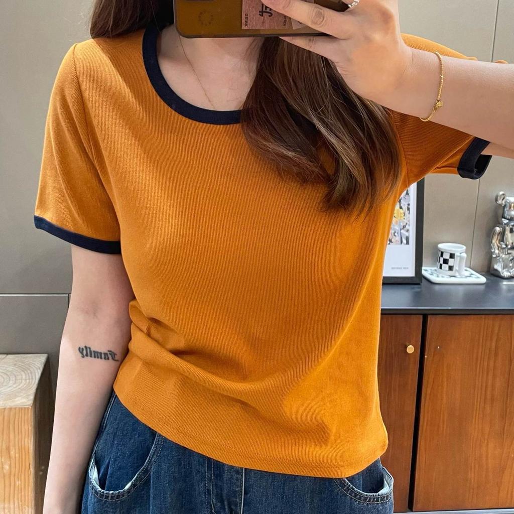 New contrasting color front shoulder U-neck short-sleeved T-shirt women's fashion versatile and thin top summer