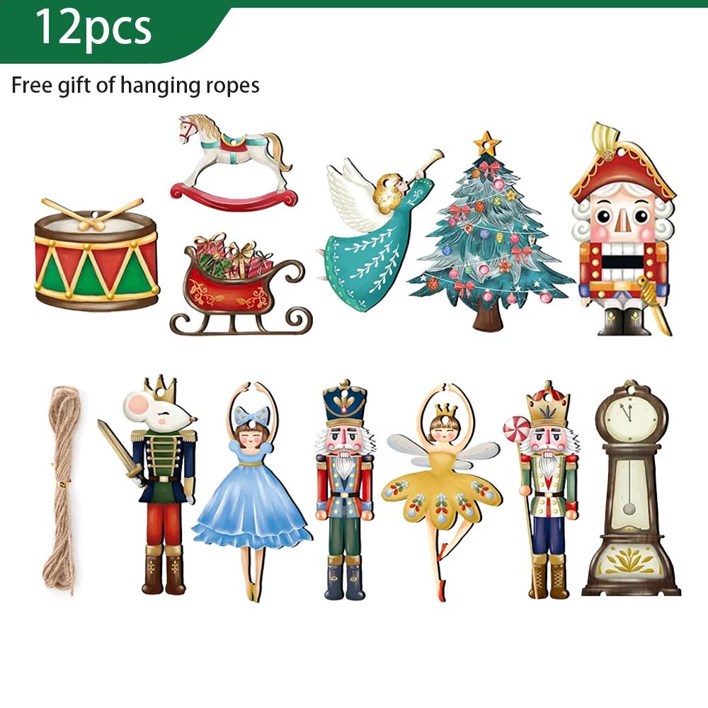 

12Pcs/Set Wooden Nutcracker Puppet Pendant Christmas Nutcracker Soldier Pendant Christmas Tree Hanging New Year Home Decoration