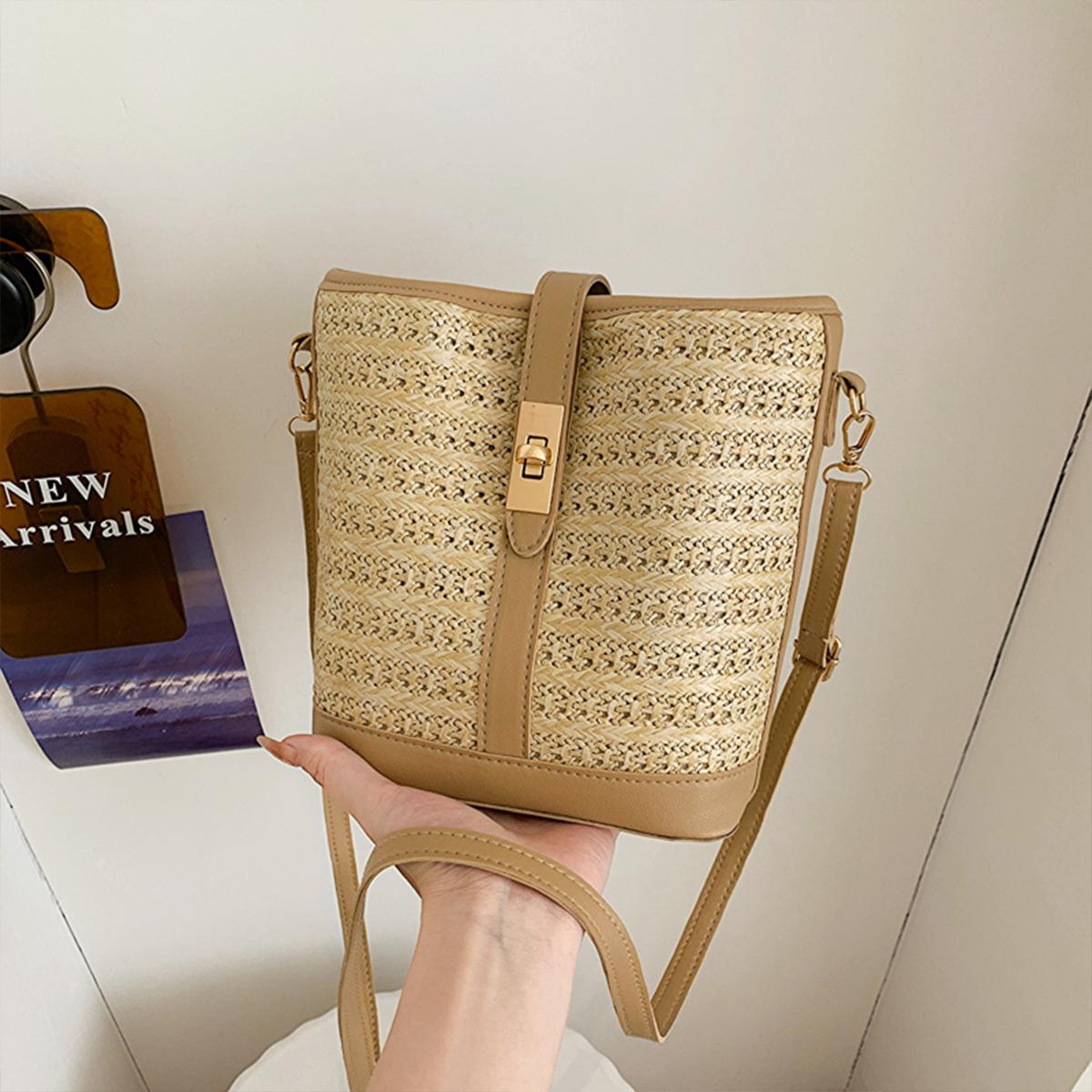 

Hollow Out Woven Straw Shoulder Bag Lightweight Large Capacity Lock Closure Perfect For Beach Vacation Summer Outings Quality