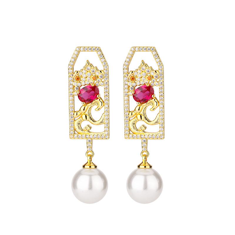 New Pearl Earnail Jewelry - Gold Ribbon With Purple Light Will Change Color Red Corundum Retro Chinese Earrings Women