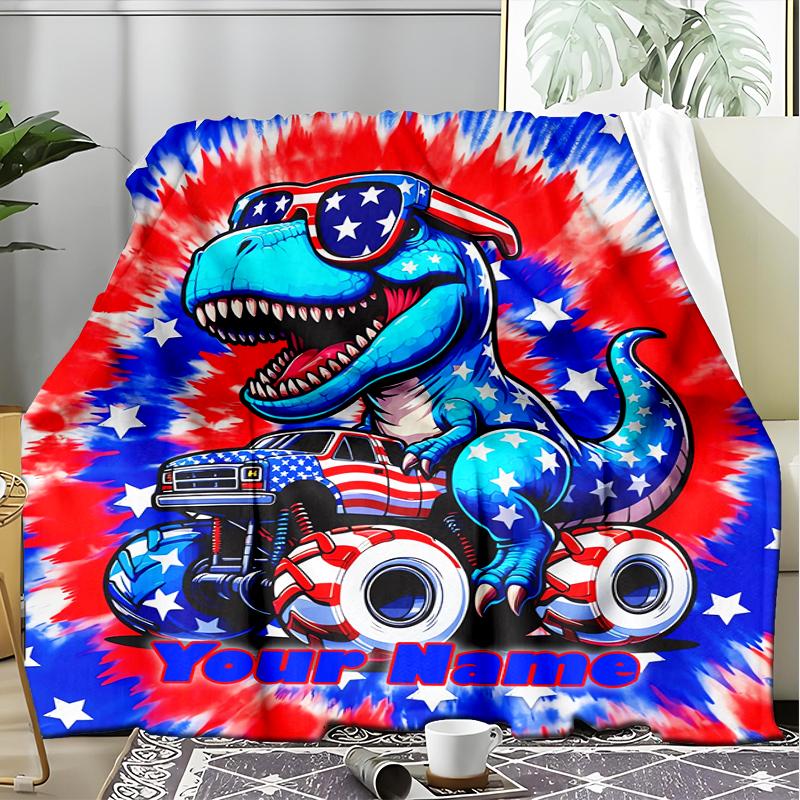1PC Custom Name American Dinosaur Adventure outdooor Flannel blankets Patterns Throw Blanket All-Season Soft Gift for Couch, Bed, Camping gifts
