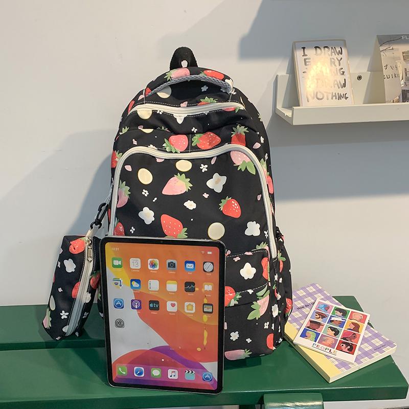 Four-Piece Strawberry Schoolbag Travel Backpack Women's Large Capacity Printed Backpack for Students