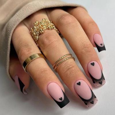 24Pcs/Set Quick Nails Black Gradient Love False Nials Sticker Wearable Waterproof Manicure Finished Nails