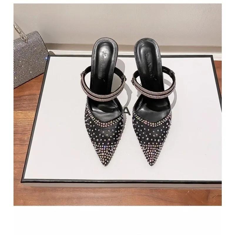 NewFemale Baotou Sandals Thin Heel Slippers Outside Wearing Small Size Pointed High Heels Rhinestone Mesh Sexy