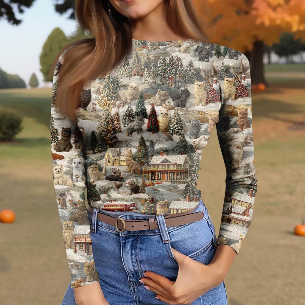 Women's  Slim Bottom T-shirt Fashion Casual Gradient Printing Round Neck Pullover Long Sleeve Top