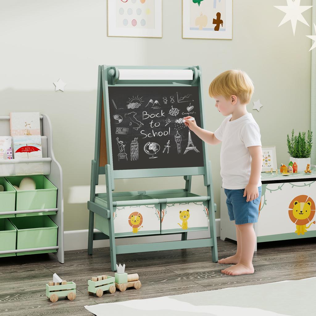 Art Easel for Kids, Double-Sided Whiteboard/Blackboard with Paper Roll, Two Storage Boxes, for Ages 3-8 Years, Green